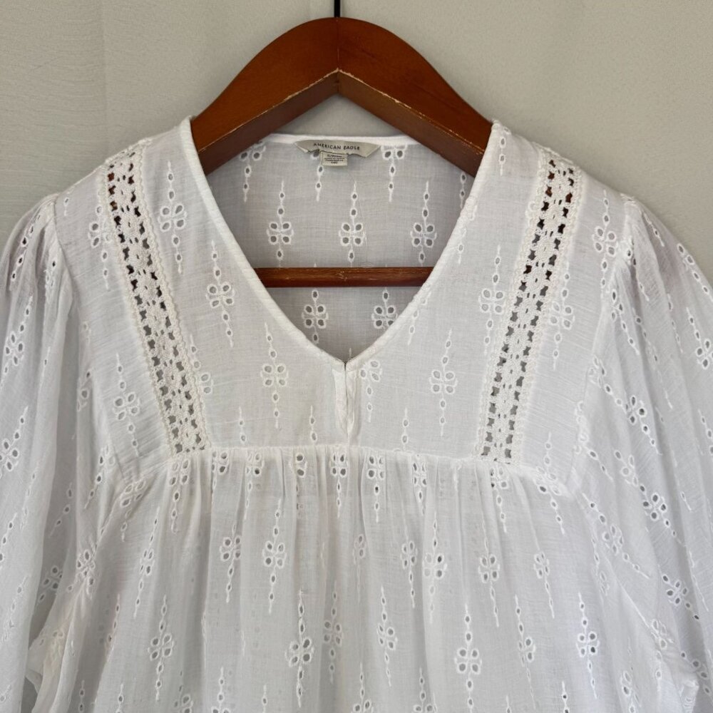 American Eagle White Embroidered Lace Ballon 3/4 Sleeve Peasant Babydoll Blouse - Picture 4 of 16